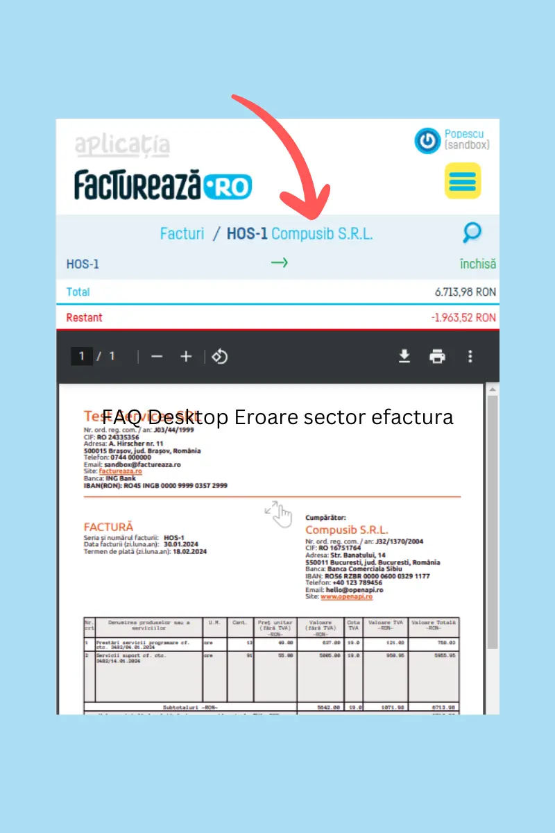 Eroare adresă sector la transmitere e-Factura în SPV - pasul 1